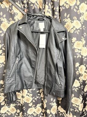 H&M Black Faux Leather Moto Jacket with Zip Details